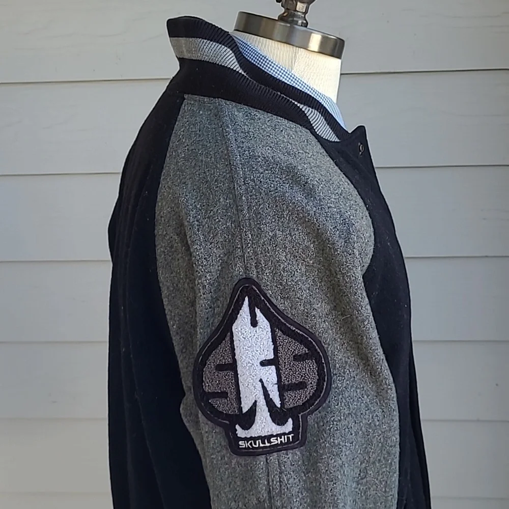 SKULLSHIT Japan Streetwear Wool Black Grey L Full Button Varsity Bomber Jacket‎